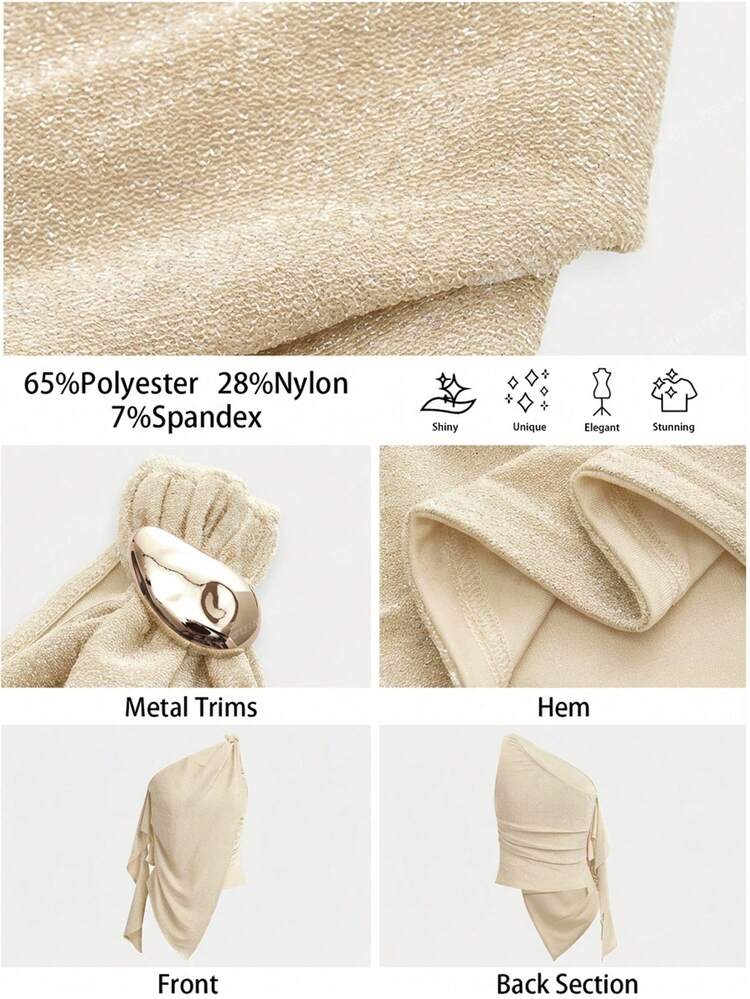 SHEIN Maija Women's Asymmetrical Shoulder Design Top, Summer Fashion One Shoulder Top St Patrick's Day Women Summer Easter Women Party Top Beach Summer Holiday Each Vacation For Women Summer For Women Going Out Graduation Casual Blouse For Women Shoulder Blouse Gold Top For Women Shimmer Top Sparkle Top