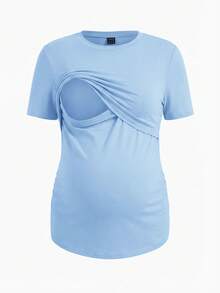 Modmama 孕妇纯色圆领短袖休闲哺乳T恤 - 淺藍色 - 查看 3