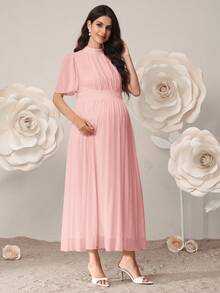 SHEIN 孕妇纯色立领短袖收腰优雅夏季连衣裙 - 淺粉色 - 查看 5