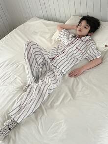 DAZY Tween Boy Striped Short Sleeve Single-Breasted Pocket Top And Pants Pajama Set - White - View 6