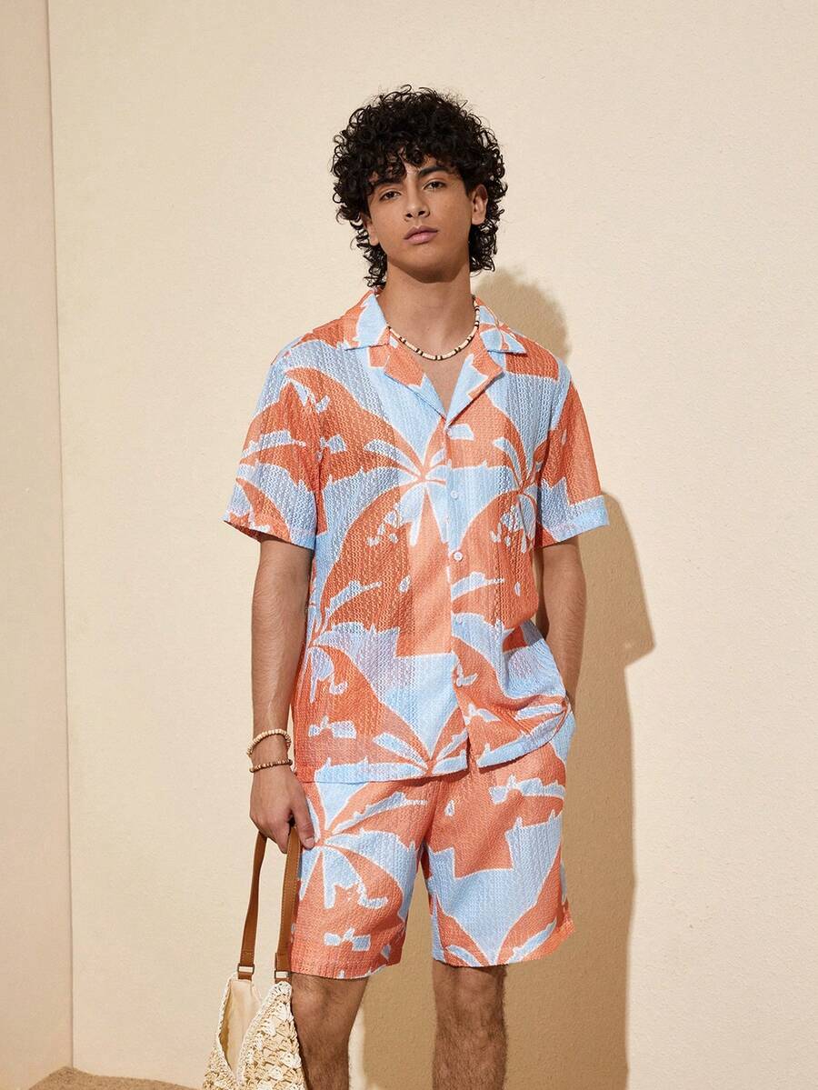 Felipe Marques Ensemble chemise à manches courtes et short en tissu maille imprimé palmier pour hommes, coupe ample, tenue de vacances décontractée pour île, fête sur la plage, printemps/automne - Multicolore - Voir 1