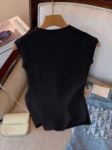 GlowEve Blusa de punto elegante y de moda con decoración de botones de unicolor para mujer - Negro - Ver 2