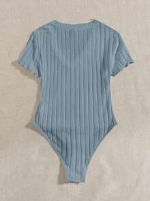 SHEIN EZwear 大码女式浅蓝色V领短袖休闲连体衣 - 霧霾藍 - 查看 2