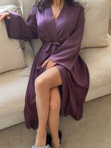 DAZY 女士简约纯色宽松睡袍 - 紫色 - 查看 4