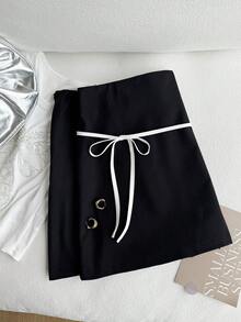 Comfortcana Women's Plus Size,Valentine Day,Black Tie Waist Skirt Drawstring Skirt Tie Skirt Skirt With Bow Mini Skirt Black Skirt Skirt For Women - Black - View 7