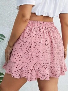 SHEIN VCAY Plus Polka Dot Print Knot Side Ruffle Trim Wrap Hem Skirt Peplum Short Dress - Pink - View 2
