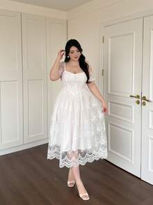 Vibekara Plus Size Square Neck Waist Gathered A-Line Lace Dress - White - View 1