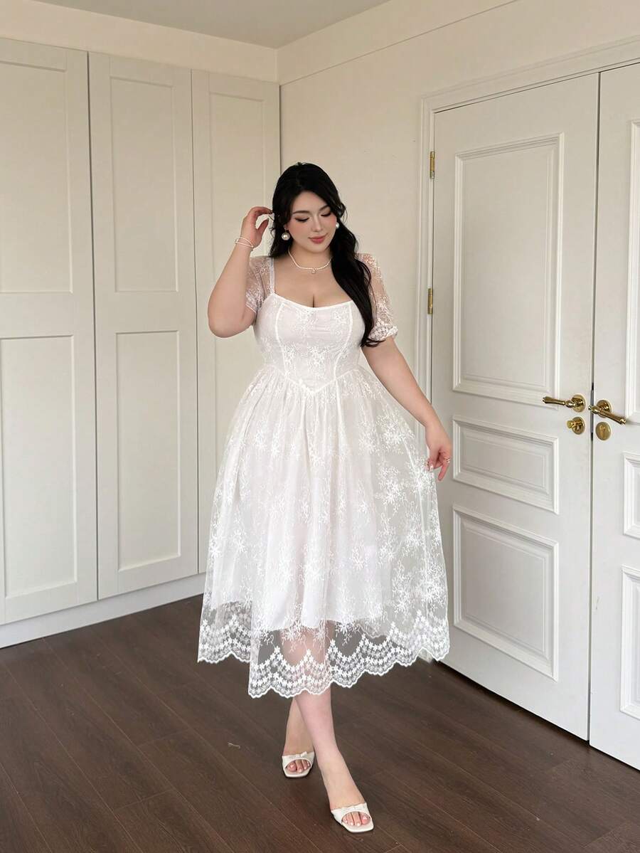 Vibekara Plus Size Square Neck Waist Gathered A-Line Lace Dress - White - View 1