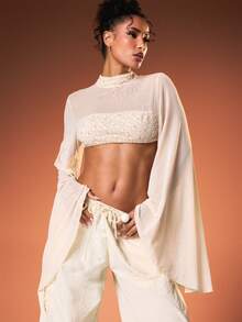 MISSGUIDED Super Crop Top With Extra Long Waterfall Sleeves High Neck Lace Trim Detail Chiffon Blouse Fall Winter Fashion - White - View 5