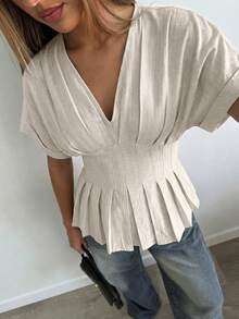 Aloruh 女士优雅V领收腰纯色梭织短袖办公衬衫 - 卡其色 - 查看 9