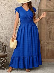 SHEIN LUNE 大码女式纹理面料飘逸长裙，夏季毕业礼服，7月4日白色毕业典礼服装 - 寶藍色 - 查看 1