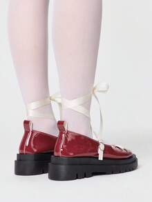 ROMWE Kawaii Bailarinas con decoración de lazo y encaje de estilo dulce y elegante para mujer - Piel brillante burdeos - Ver 5