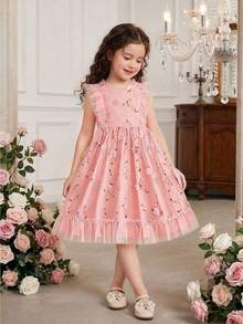 Souflis Souflis 2025春夏女童无袖碎花泡泡袖连衣裙，后背拉链，可爱甜美公主裙，适合日常穿着 - 粉色 - 查看 3