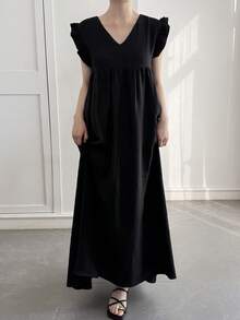 DAZY Women's V-Neck Cap Sleeve Plaid Patchwork Loose Mid-Length Dress - Black - View 5