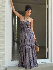 Sunnyshic Đầm cổ yếm khoét rỗng in họa tiết hạt điều dành cho nữ, thích hợp cho kỳ nghỉ. - Xanh đậm - Xem 4