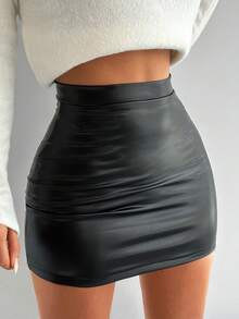 SHEIN تنورة بودي كون مصنوعة من جلد PU مع سحاب خلفي مقاس كبير - الأسود - مشاهدة 4