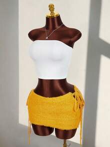 Amplova Damska dzianinowa mini spódniczka, bardzo niski stan, seksowne i awangardowe wiązanie z boku, żółta spódnica w kolorystyce dopaminy - Żółty - Zobacz 5