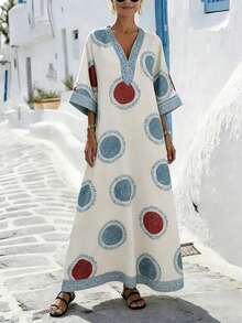 Breezaya Women's Elegant Retro Print V-Neck Loose Drop Shoulder Mid-Sleeve Dress - Multicolor - View 5