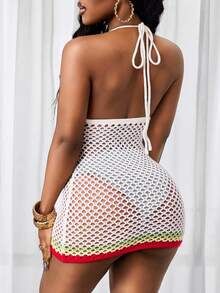 BamGleam 女士针织连衣裙，针织吊带衫，镂空设计，红色、黄色、绿色条纹，短款，修身，性感，适合度假、休闲聚会、女装、春秋季款式、夏冬季款式。 - 白色 - 查看 2