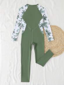SHEIN 少女连体泳衣，绿色棕榈叶针织面料，长袖，拉链连体裤，时尚休闲优雅女士款，适合游泳、夏季度假、海滩、泳池、节日派对等场合。 - 綠色 - 查看 3