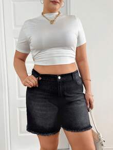 SHEIN Cottnline Plus Size Sommar Casual Tvättade Snittfickor Frayed Ned Denim Shorts - Mediumtvätt - Visa 4