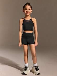 女童无袖短裤运动套装，时尚休闲运动服，适合户外长途运动 - 藍色 - 查看 4