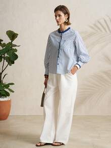 Airaco Women's Striped Round Neck Long Sleeve Single-Breasted Casual Pocket Shirt - Blue - View 5