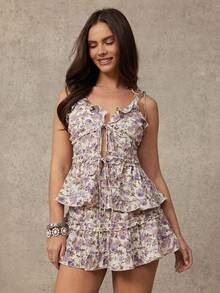 WESTFADE 甜心领口系带露肩无袖蝴蝶结上衣搭配层叠荷叶边印花迷你裙，女士两件套，春季、度假、夏季、休闲、可爱、波西米亚风、乡村音乐节、科切拉音乐节、纳什维尔、牛仔风、西部服饰、度假、海滩 - 彩色 - 查看 1