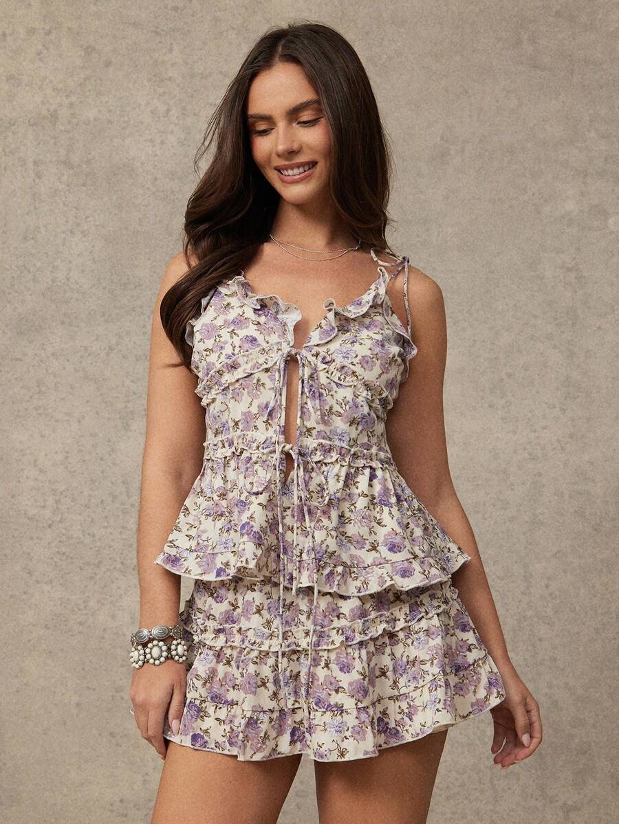 WESTFADE 甜心领口系带露肩无袖蝴蝶结上衣搭配层叠荷叶边印花迷你裙，女士两件套，春季、度假、夏季、休闲、可爱、波西米亚风、乡村音乐节、科切拉音乐节、纳什维尔、牛仔风、西部服饰、度假、海滩 - 彩色 - 查看 1