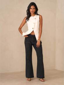 SHEIN Glamour 女士优雅金属纽扣开衩背心，适合通勤和夏季穿着 - 杏色 - 查看 3