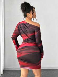 Elenzga Plus Size Women's Red Tie Dye Abstract Print One Shoulder Long Sleeve Bodycon Mini Dress,Dark Purple,Autumn,Classy,Night Out Club Ruched Elegant - Red - View 2