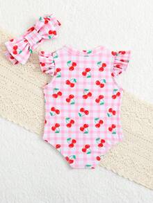 Newborn Cute Tropical Floral Ruffled Romper Headband Set Beach Vacation Hot Pink Summer - Pink - View 2