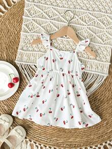 Baby Girl Cherry Print Sleeveless Mini Dress, Casual Summer - White - View 2