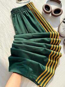 Comfortcana Plus Size Striped Elastic Waist Straight Loose Casual Pants Green Track Pants Women's Track Pants - Green - View 9