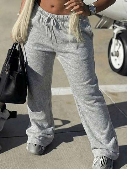 INAWLY Damen einfarbige Jogginghose mit Tunnelzug an der Taille, gerade und locker geschnitten, Lässig Hose