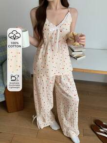 DAZY Women's Sweet Polka Dot Allover Print Textured Chiffon Pajama Set, Summer - White - View 8