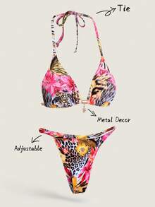 Elavelle Bộ đồ đi biển mùa hè dành cho nữ, bikini gợi cảm với họa tiết ngẫu nhiên, kiểu cổ yếm và trang trí kim loại. - Nhiều màu - Xem 1