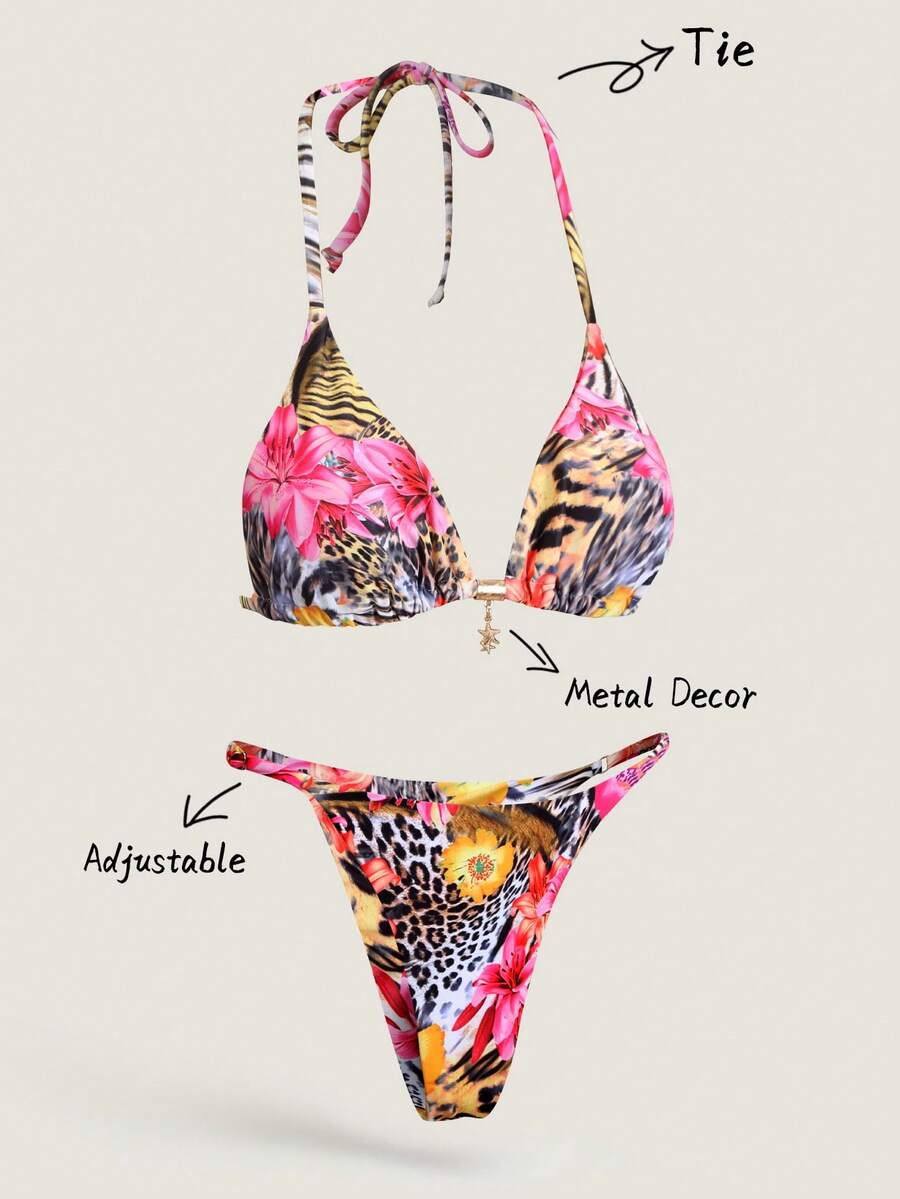 Elavelle Bộ đồ đi biển mùa hè dành cho nữ, bikini gợi cảm với họa tiết ngẫu nhiên, kiểu cổ yếm và trang trí kim loại. - Nhiều màu - Xem 1