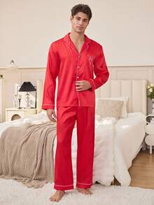 SHEIN Faux Silk Striped Jacquard Collar Heart Embroidery Pocket Long Sleeve Pajama Set For Men - Red - View 2