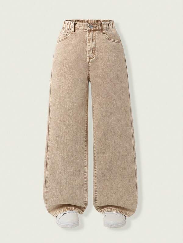 SHEIN Jeans rectos de cintura elástica estilo Y2K para niña preadolescente, con bolsillos planos, jeans holgados de uso diario, jeans caqui de pierna ancha
