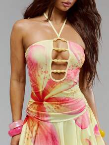 Musera Resort Printed Halterneck Beaded Cut Out Detail Pleated Mini Dress Swim Vacation Holiday Summer Travel Beachwear Casa Calypso - Multicolor - View 2