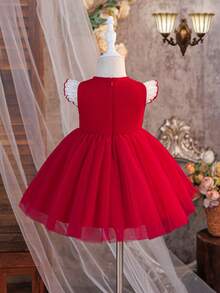 SHEIN Baby Girl Woven Bow Mesh Cap Sleeve Dress, Suitable For Christmas Party, Gatherings And Other Occasions - Multicolor - View 2