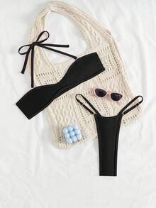 Swim SXY 女士撞色滚边细肩带可拆卸肩带丁字裤比基尼两件套泳衣 - 黑色 - 查看 5