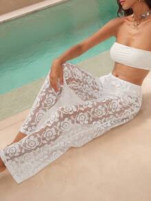 Modelyn Pantaloni casual da donna a vita elastica con coulisse, in tessuto trasparente e con dettagli traforati - Bianco - Visualizzare 5