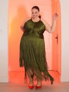 Pretty and Ole 圣诞限量版加大码女式绿色流苏绷带连衣裙，优雅修身显瘦高端派对长裙 - 軍綠色 - 查看 1