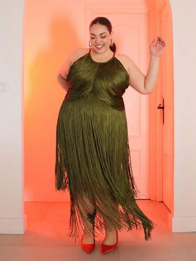 Pretty and Ole 圣诞限量版加大码女式绿色流苏绷带连衣裙，优雅修身显瘦高端派对长裙