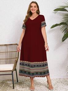 EMERY ROSE Gaun Maxi Lengan Pendek Leher V Kasual Ukuran Plus Motif Bunga Bohemian untuk Wanita, Cocok untuk Liburan Musim Semi/Panas dan Karnaval - MultiWarna - View 5