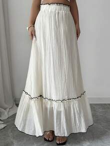 Modelyn A-Line Elastic Waist Ruffle Hem Patchwork Skirt - Apricot - View 4