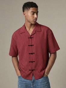 SWAVVY Men's Lapel Neck Button Front Short Sleeve Casual Horse Print Shirt,Chinese New Year,Comfortable Button-Up Shirt, Suitable For Fashionable Youth And Asian Culture Enthusiasts Couple Twinning Outfits Horse Print Shirt Couple Outfits Sets Red Casual   Shirts Red Horse Print Shirt - Red - View 1