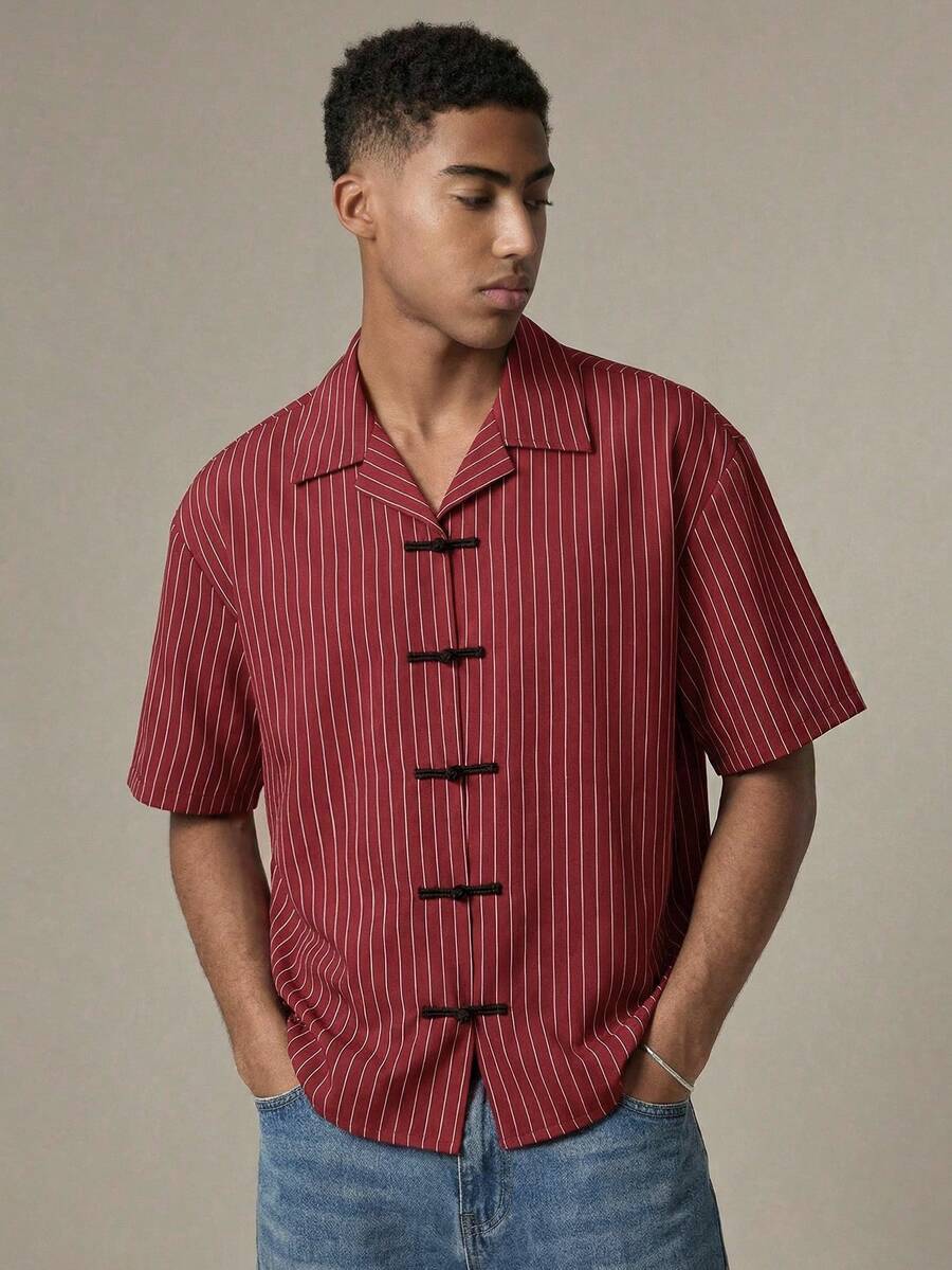 SWAVVY Men's Lapel Neck Button Front Short Sleeve Casual Horse Print Shirt,Chinese New Year,Comfortable Button-Up Shirt, Suitable For Fashionable Youth And Asian Culture Enthusiasts Couple Twinning Outfits Horse Print Shirt Couple Outfits Sets Red Casual   Shirts Red Horse Print Shirt - Red - View 1